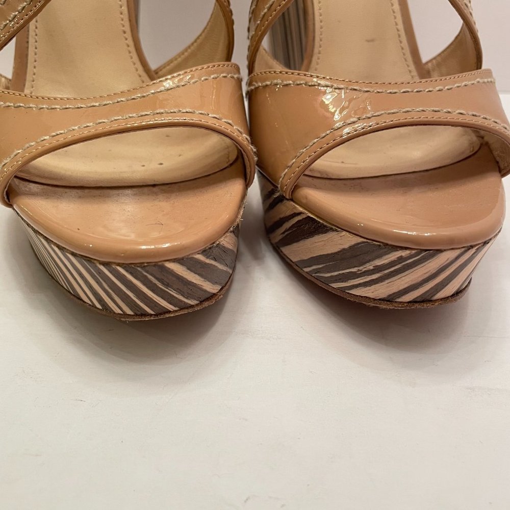 Prada Beige Patent Leather Wooden Wedge Sandals - image 6